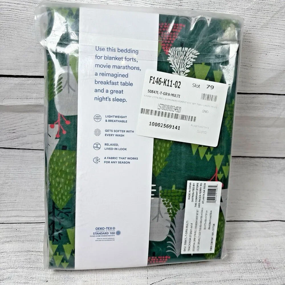 The Company Store Evergreen Forest TWIN Sheet Set Green Red Christmas Trees NEW